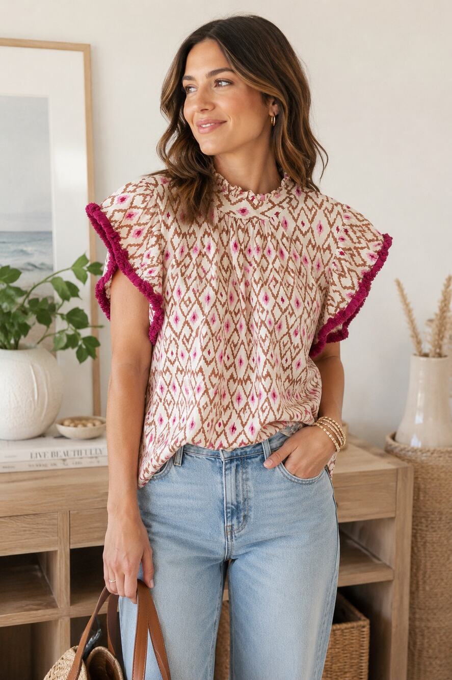 THML Boho Flutter Sleeve Blouse Pink Brown Ikat Tassel Trim Top Women's Large - Picture 1 of 7